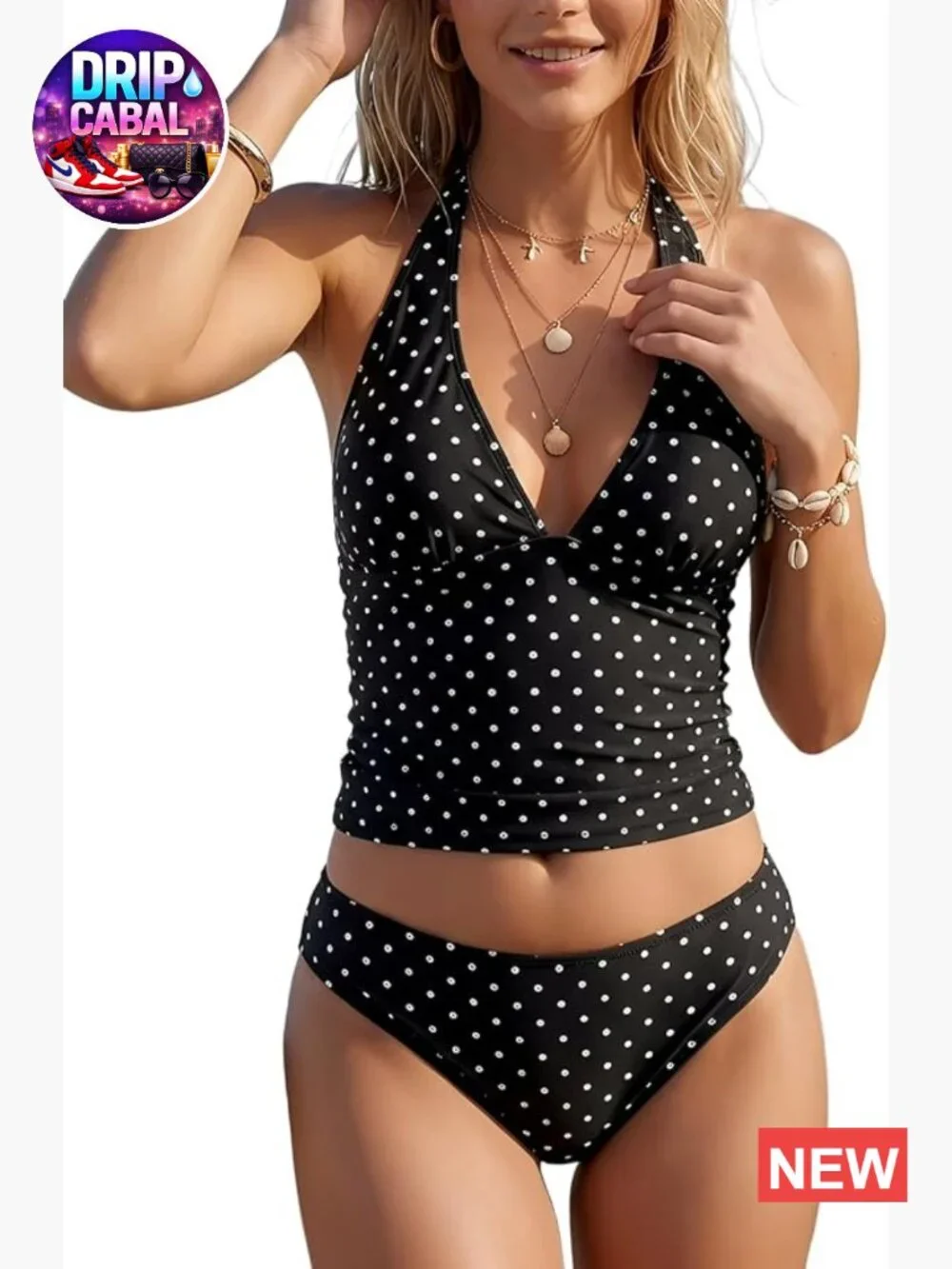 Polka Dots Tankini Set Halter V Neck Backless Two Piece Swimwear